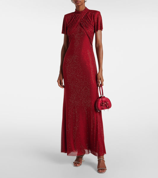 SP Red Rhinestone Mesh Maxi Dress