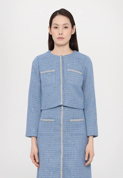 MJ Vilya Blue Cropped Embellished Tweed Jacket Blazer
