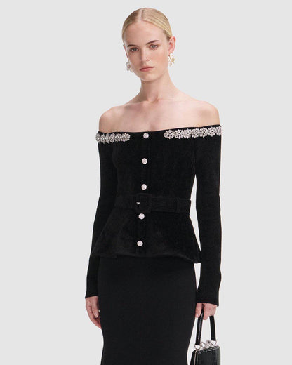 SP Black Chenille Knit Crystal-Trim Off Shoulder Peplum Midi Maxi Dress