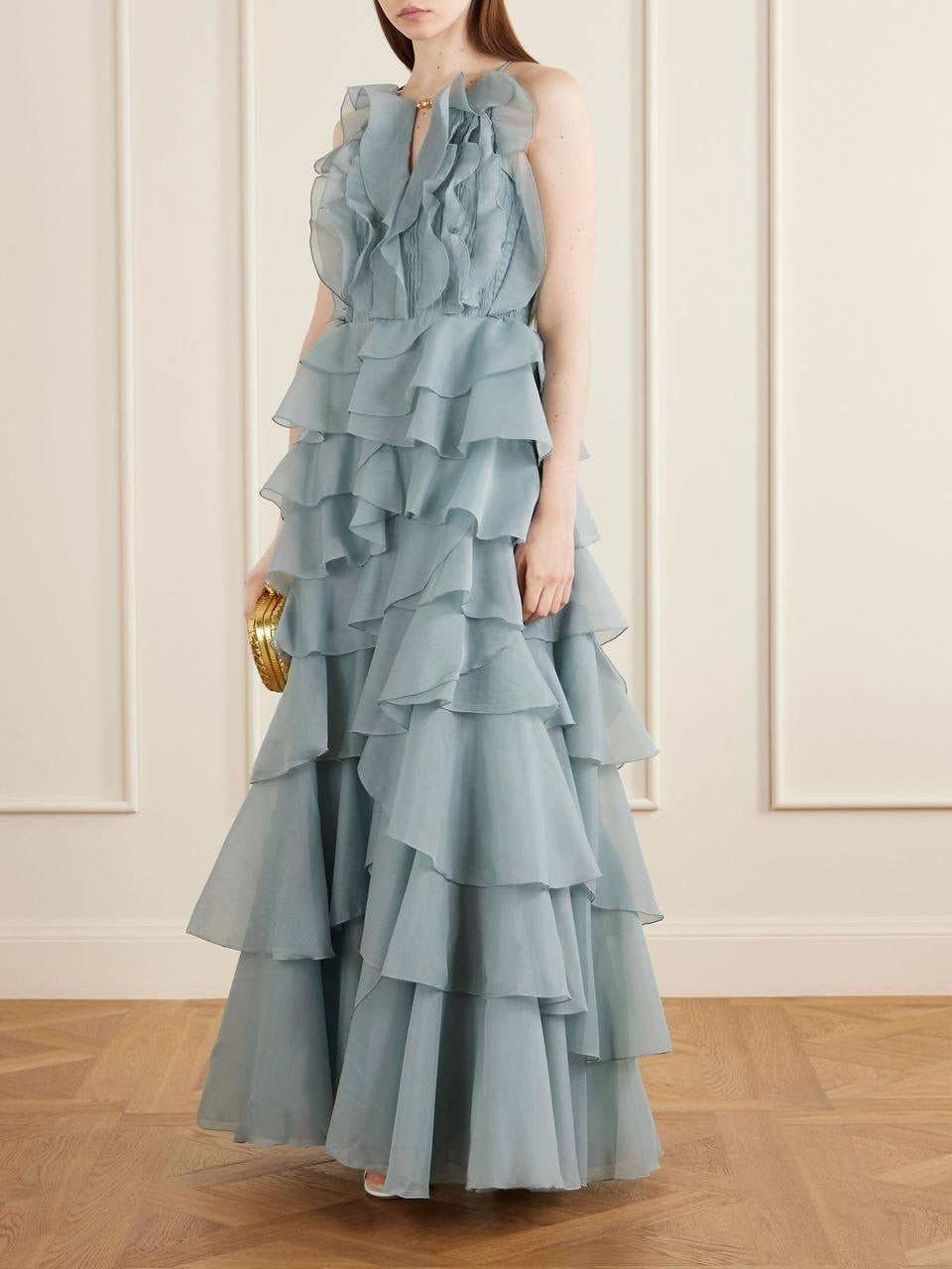 AJ Cleo Ruffle Tiered Organza Keyhole Gown Maxi Dress