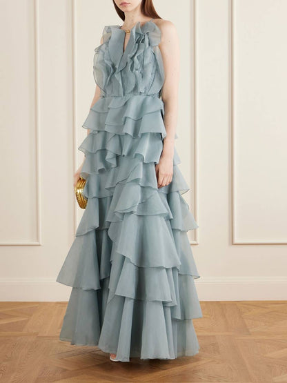 AJ Cleo Ruffle Tiered Organza Keyhole Gown Maxi Dress