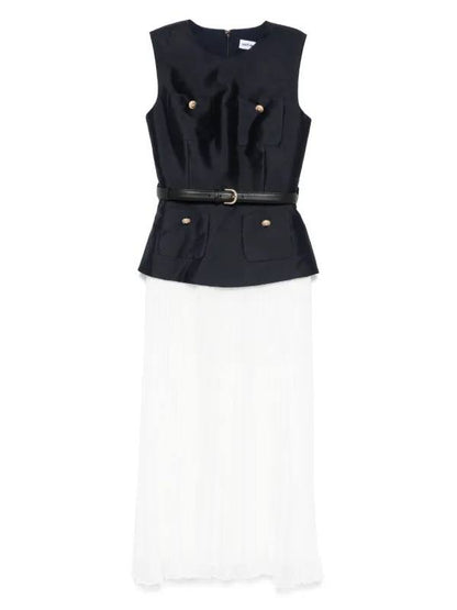 SP Navy & White Boucle Sleeveless Taffeta Pleated Midi Dress