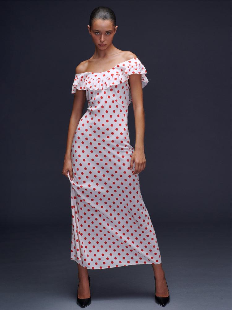 RP Claudia Silk Maxi Dress in Super Dot red white polka