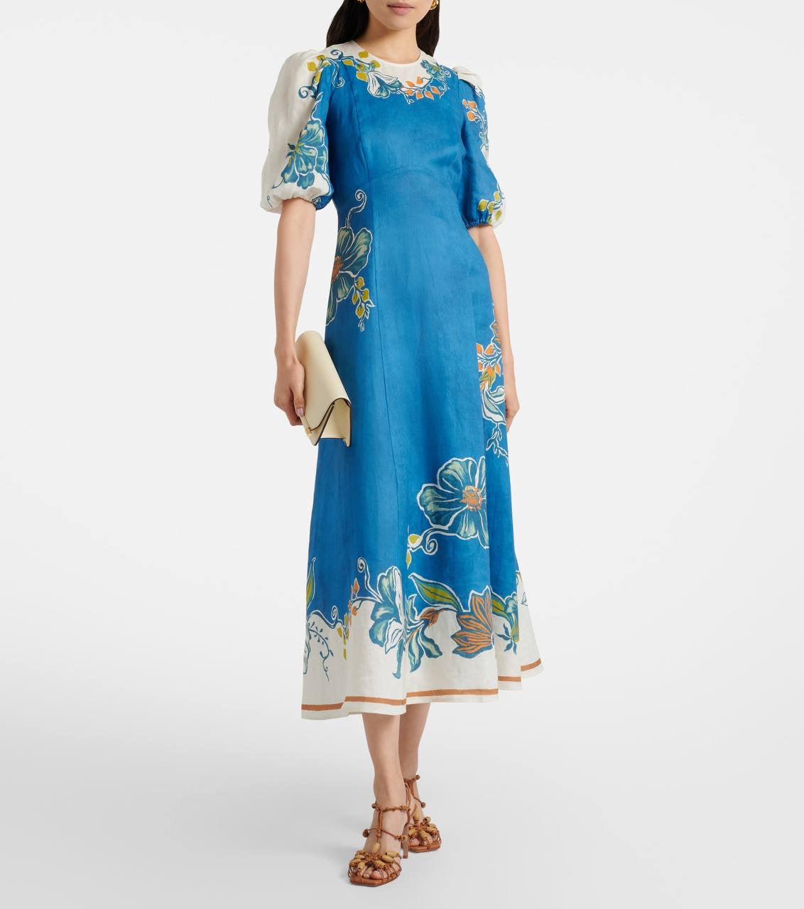 ALM Luda Floral Puff Sleeve Linen Midi Dress