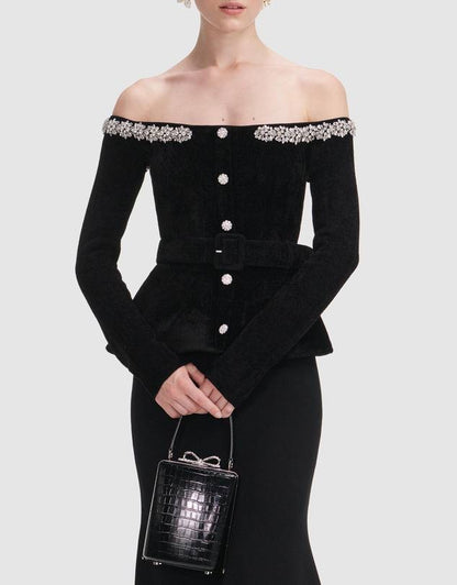 SP Black Chenille Knit Crystal-Trim Off Shoulder Peplum Midi Maxi Dress
