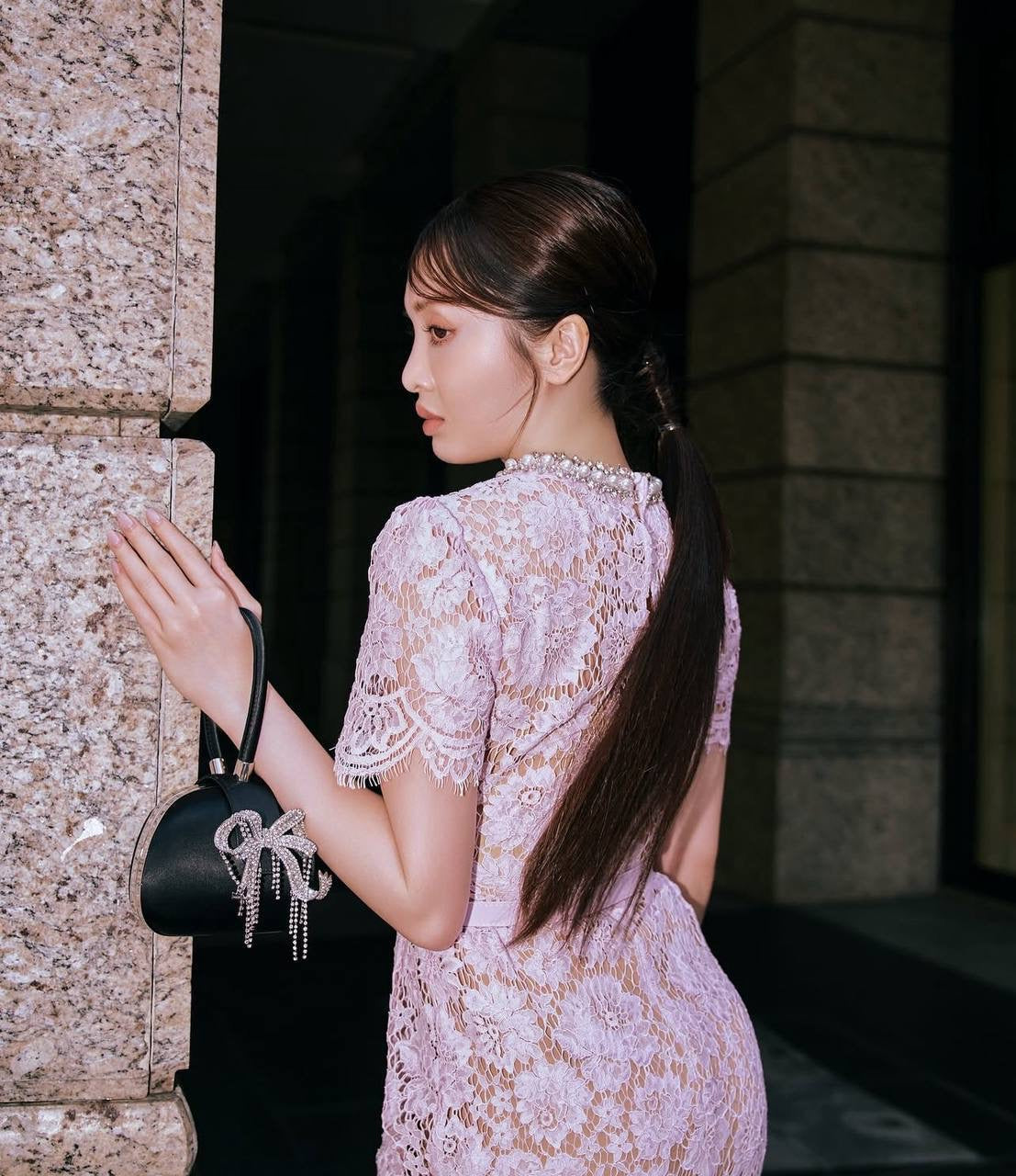 SP Pink Fine Lace Pearl Embellished Midi Dress