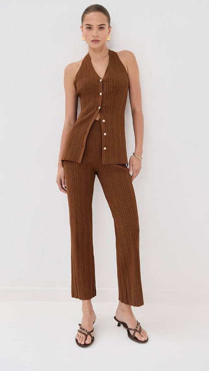 VB Dax Seashell Knit Vest | Massaro Pants | Viscose-blend Dark Whiskey Set