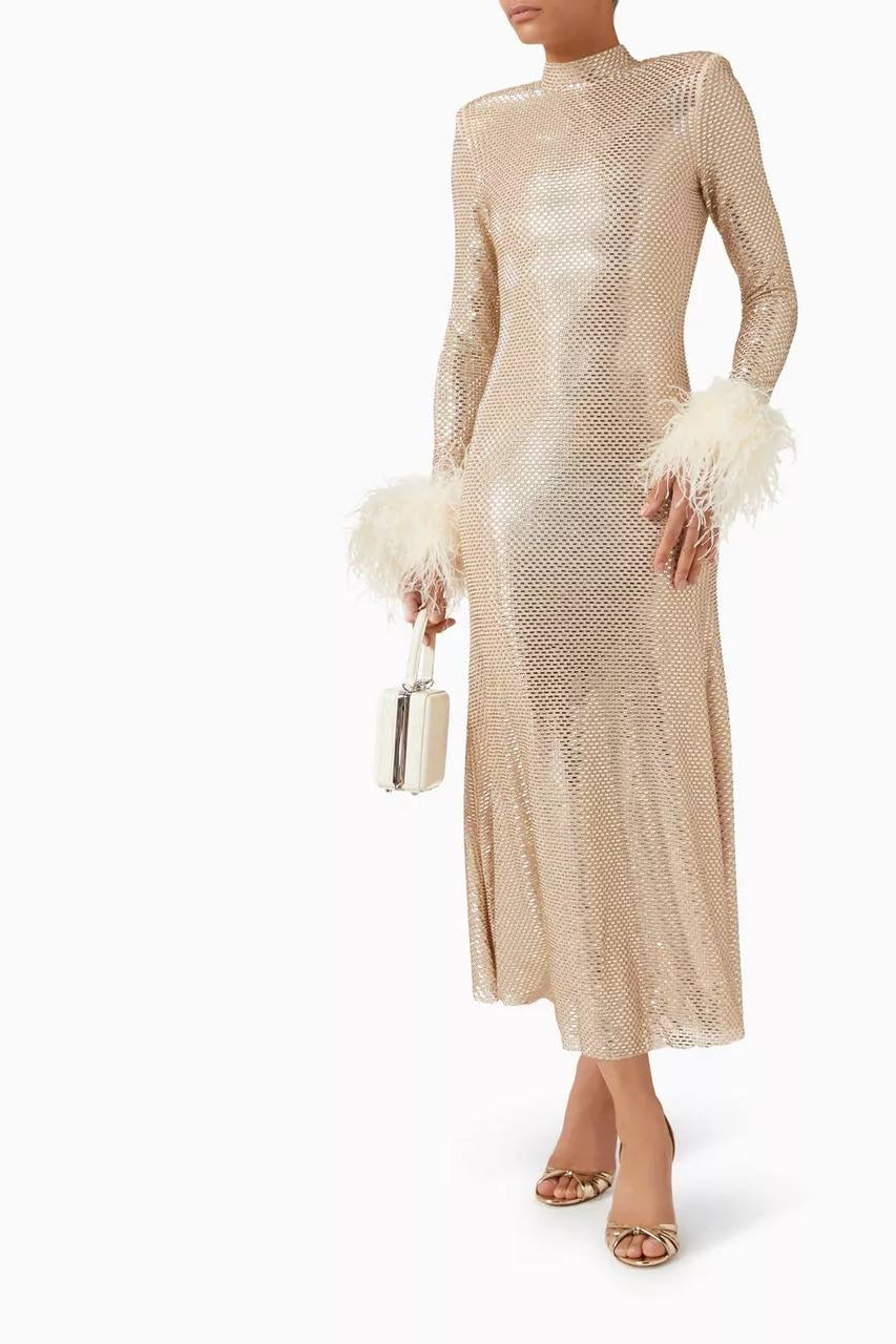 SP Champagne Rhinestone Feather Midi Dress
