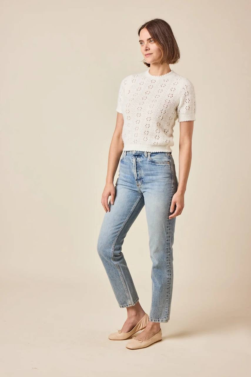 DN Monica Alpaca-Wool-blend Pointelle Knit Short Sleeve Sweater Top