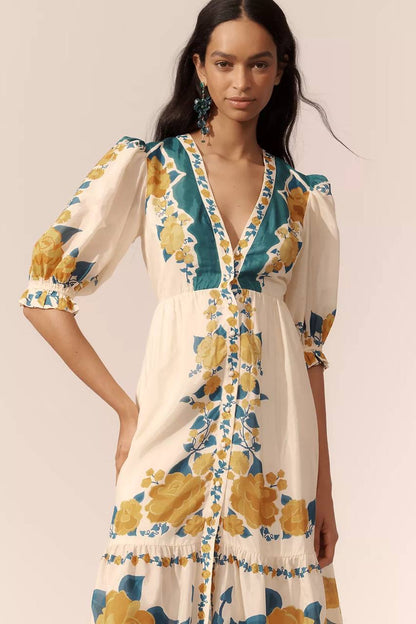 FR Anthro Viscose Puff-Sleeve Printed Midi Dress