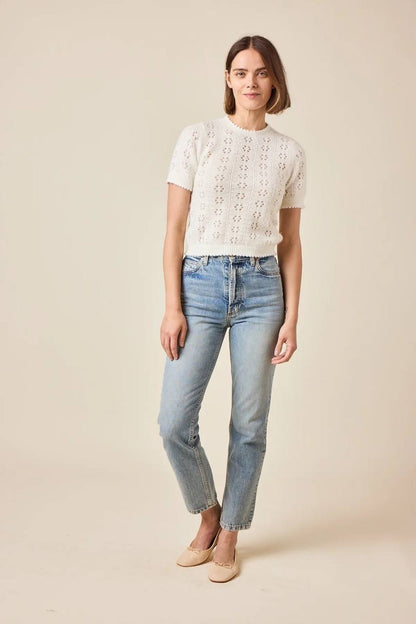 DN Monica Alpaca-Wool-blend Pointelle Knit Short Sleeve Sweater Top