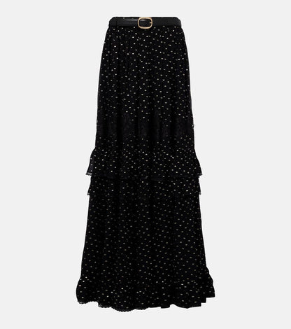 SP Black And Gold Chiffon Off Shoulder Top | Tiered Maxi Skirt | Set