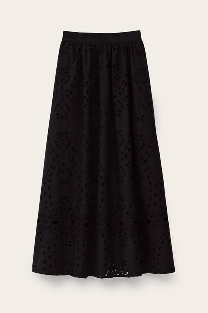 BA Bela Embroidered Eyelet Flared Organic Cotton Midi Skirt