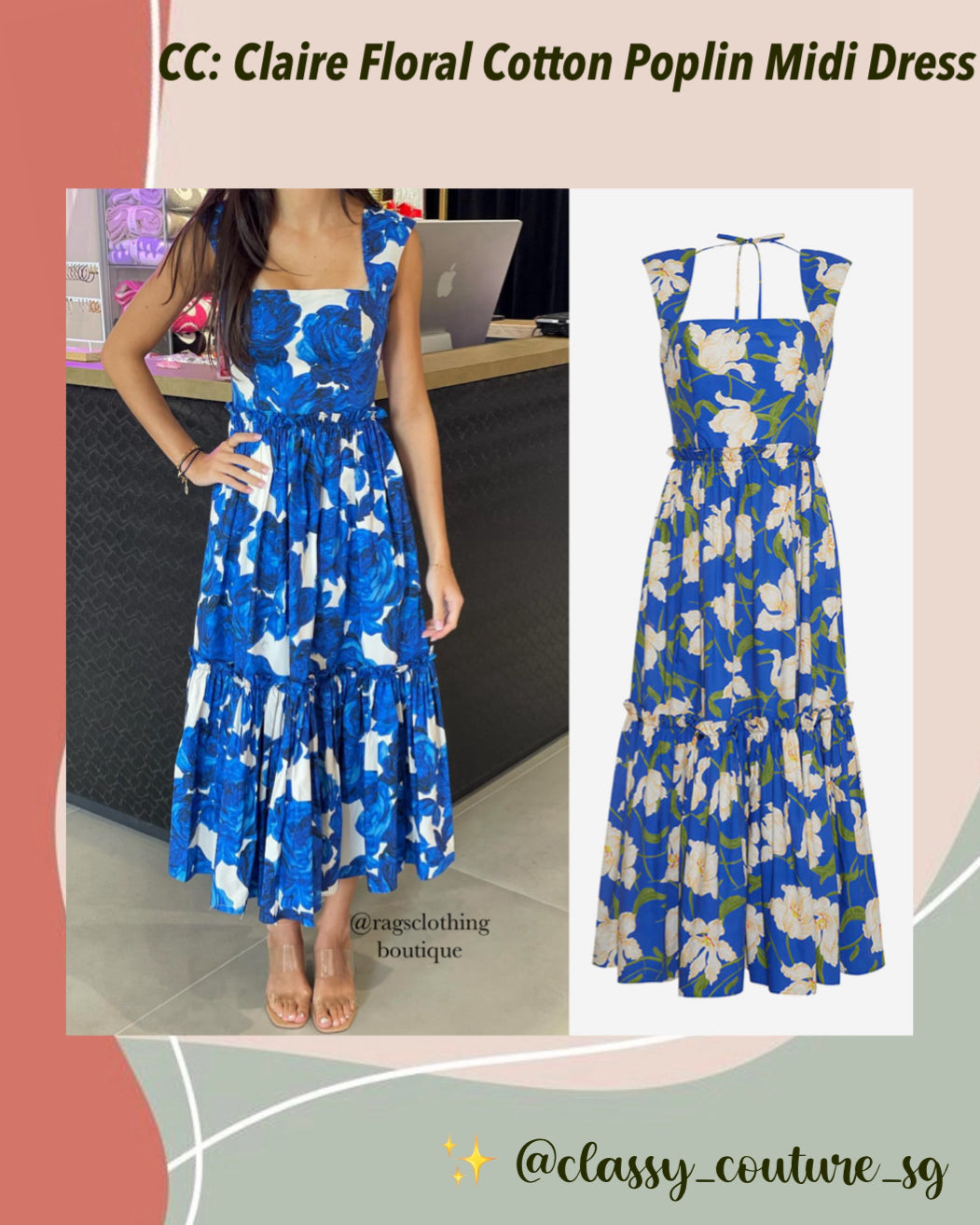 CC Claire Blue Floral Cotton Poplin Midi Dress