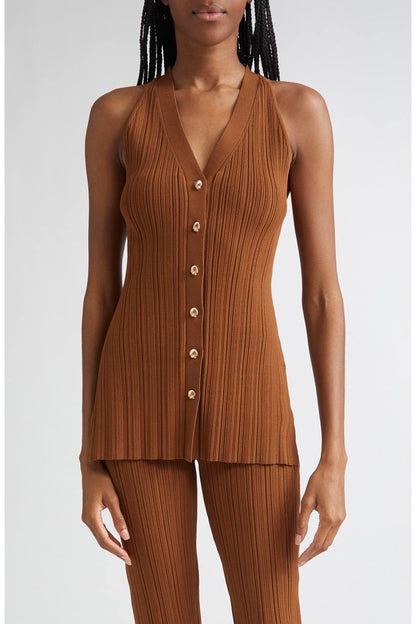 VB Dax Seashell Knit Vest | Massaro Pants | Viscose-blend Dark Whiskey Set
