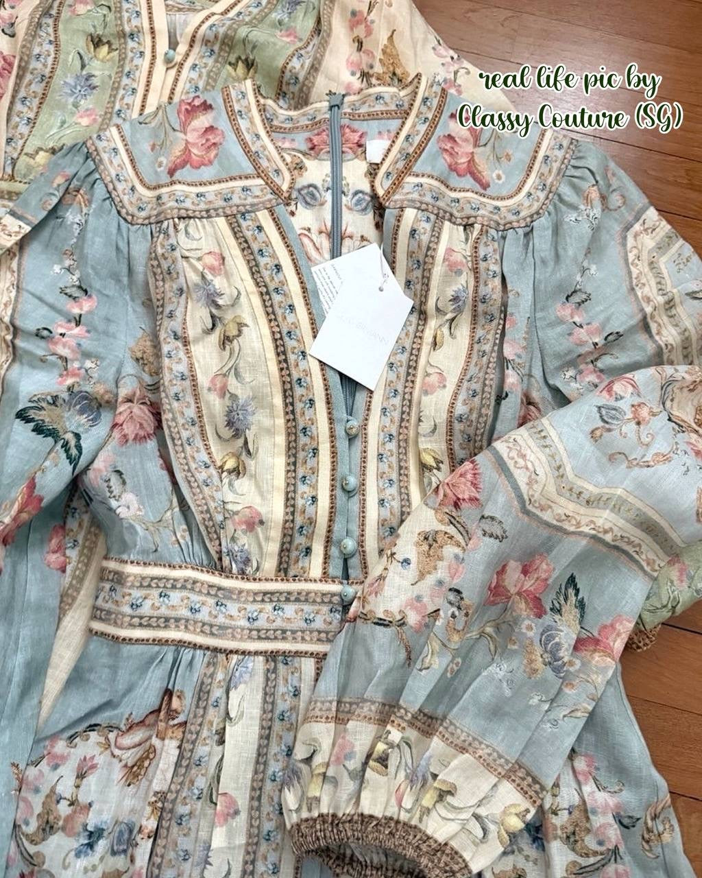 046ZM Blue Floral Tapestry Buttoned Linen Midi Dress