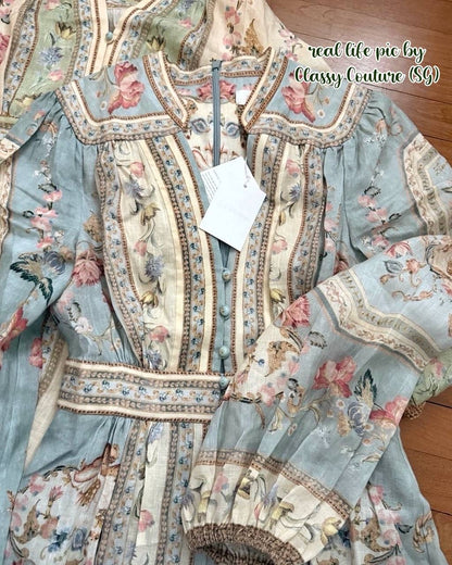 046ZM Blue Floral Tapestry Buttoned Linen Midi Dress