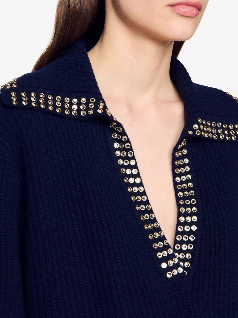 SD Orso Rhinestone Embellished Wool V-neck Sweater