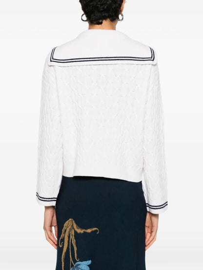 MJ Mirayalo Wool Cable-Knit Sailor Boat Neck Cardigan