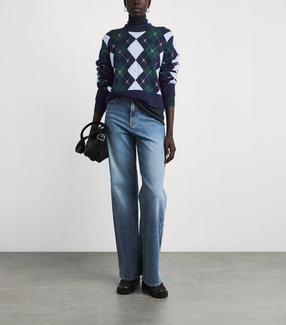 Argyle Diamond Jumper Sweater with Rhinestones & Wool Triangle Scarf | Green/Blue/Navy Set