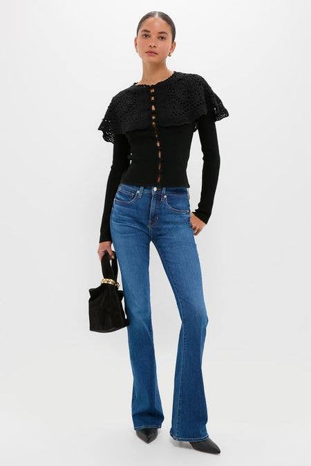 SE Black Nara Crochet Long Sleeve Cardigan Top With Capelet