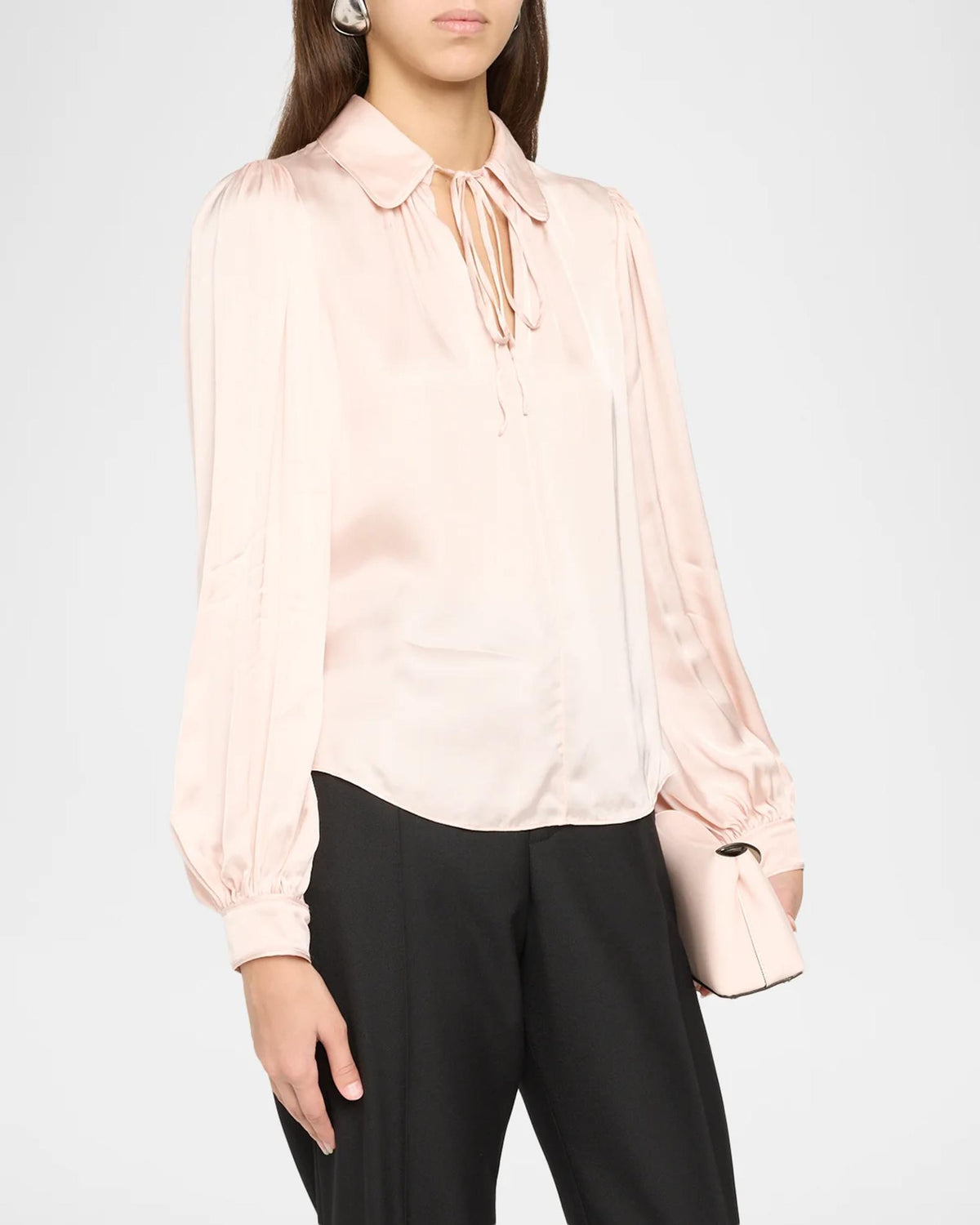 Roanne Tie-Front Viscose-blend Satin Long Sleeve Blouse Top in Blush Pink