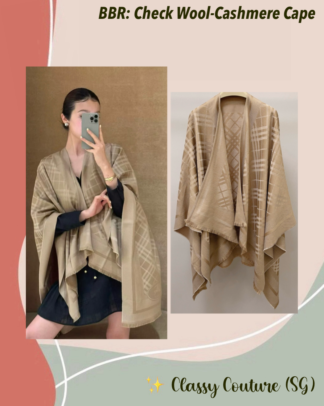 BBR Check Jacquard Wool-Cashmere Cape in Finch Beige