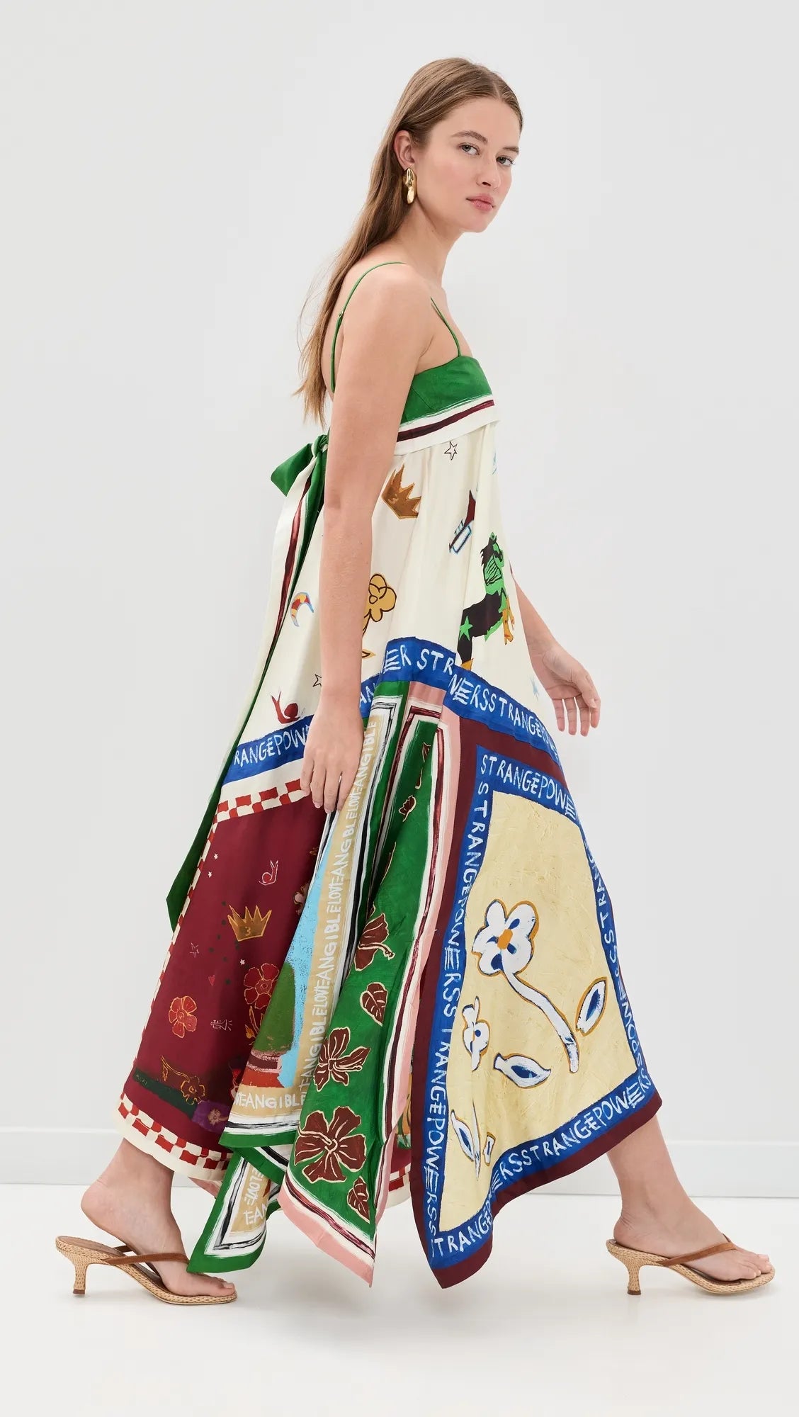 ALM021 Green Eclectic Patchwork Handkerchief Silk Maxi Dress Sundress