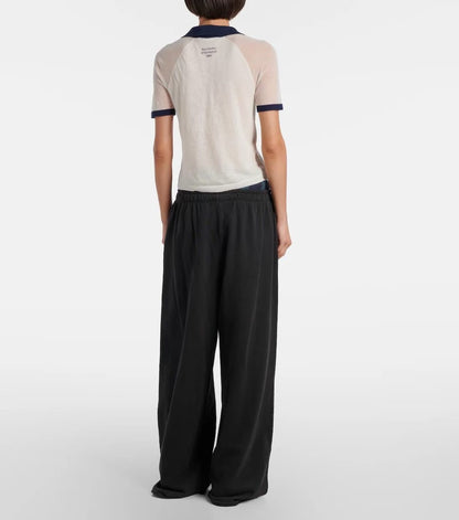 AC Lyocell-Wool Blend Colorblock Contrast Polo Semi-Sheer Sweater Shirt