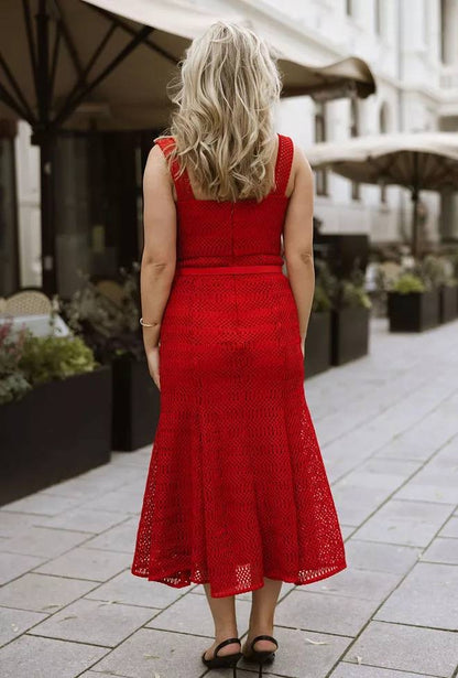 SP Red Lattice Bustier Lace Midi Dress