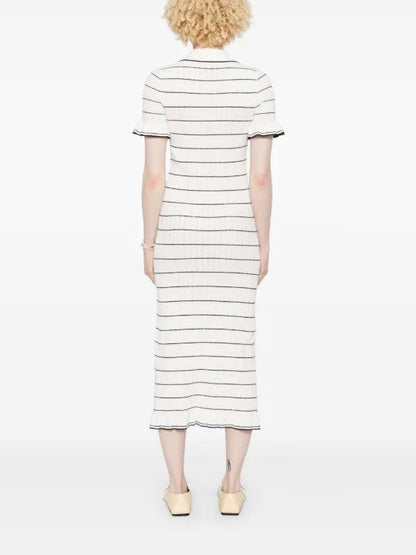SD Striped Rib Knit Flutter Ruffle Midi Dress