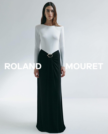 RM Waterfall Twist Drape Contrast Jersey Gown Maxi Dress in Black/white