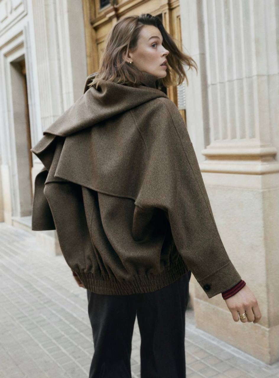 MD Wool-Blend Bomber Jacket With Detachable Scarf Cape