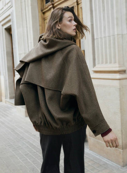 MD Wool-Blend Bomber Jacket With Detachable Scarf Cape