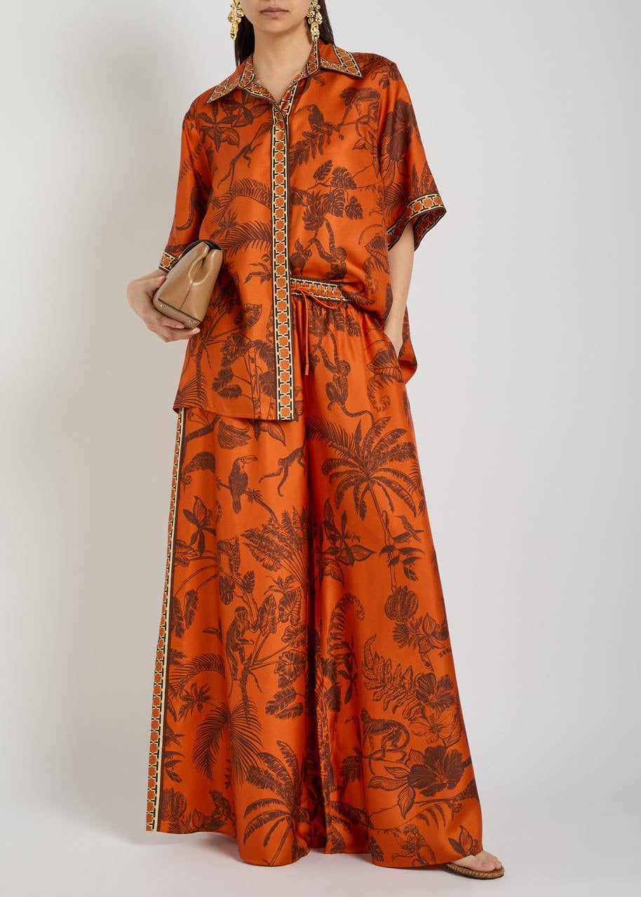 ALM Monkey Dance Printed Silk Satin Shirt | Pants | Set
