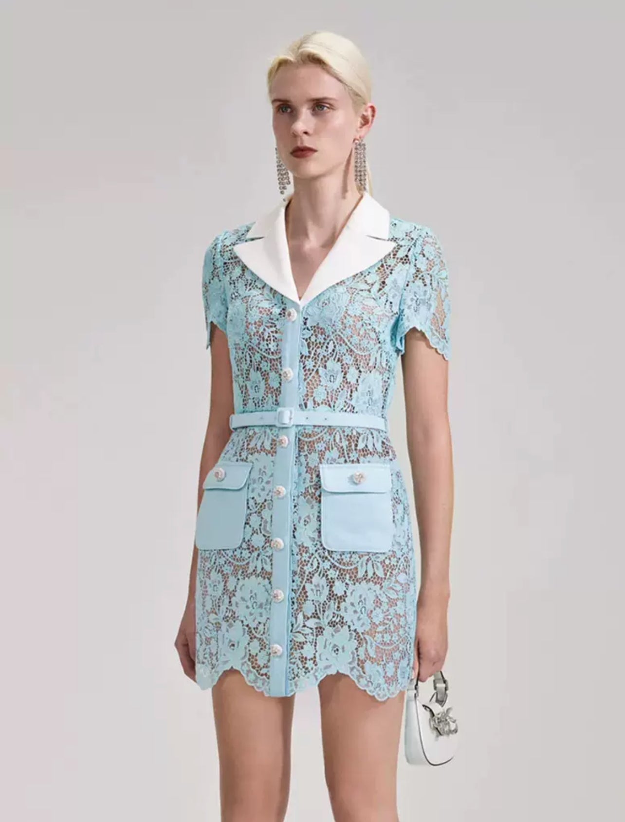 SP Blue Corded Rose Lace Mini Dress with White Collar