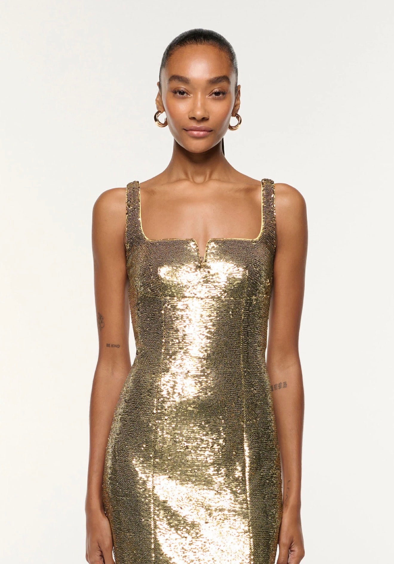 RM Gold Square Neckline Sequin Cocktail Midi Dress