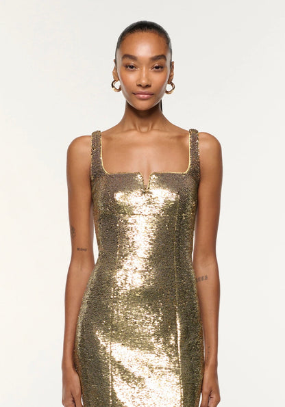 RM Gold Square Neckline Sequin Cocktail Midi Dress