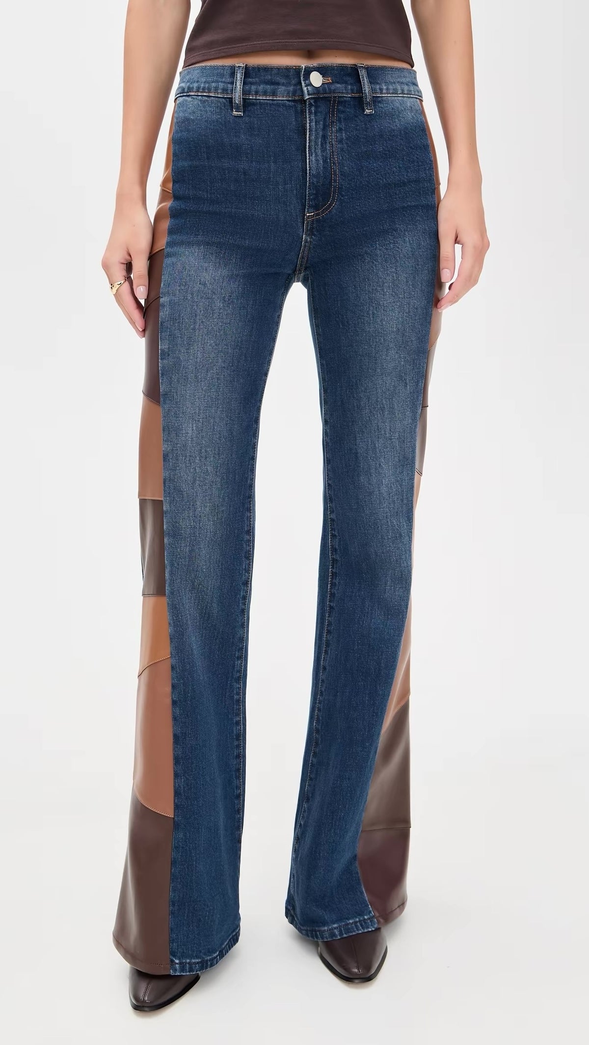 2 Styles! AO SB Vegan Faux-Leather Cutout Jeans in Patchwork Flare & Brown