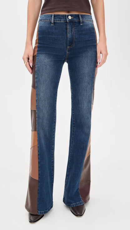 2 Styles! AO SB Vegan Faux-Leather Cutout Jeans in Patchwork Flare & Brown