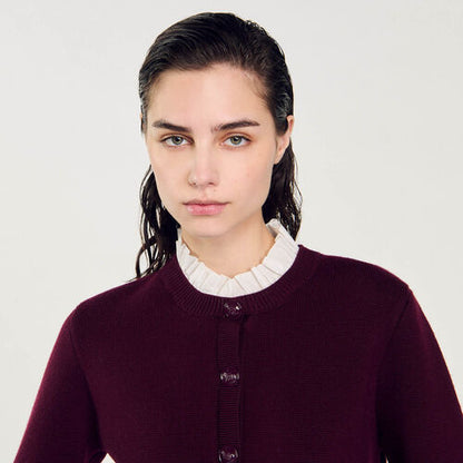 SD Knit Cardigan with Detachable Ruffled Collar in Burgundy Red Wool-Blend