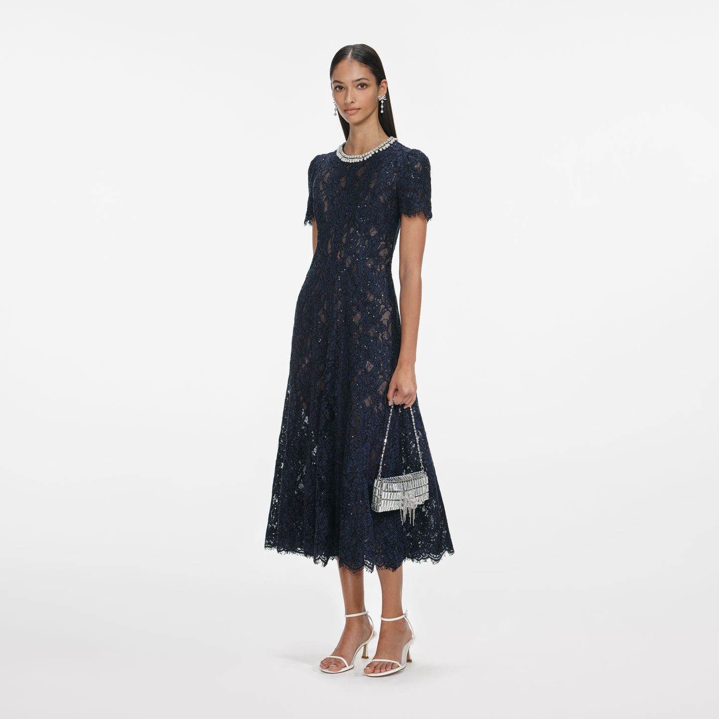 5 Colors! SP Cord Lace Embellished Short Sleeved Midi Dress in Yellow | White | Blue | Pink | Navy (with detachable nude inner slip)