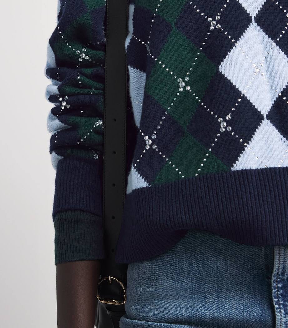 Argyle Diamond Jumper Sweater with Rhinestones & Wool Triangle Scarf | Green/Blue/Navy Set