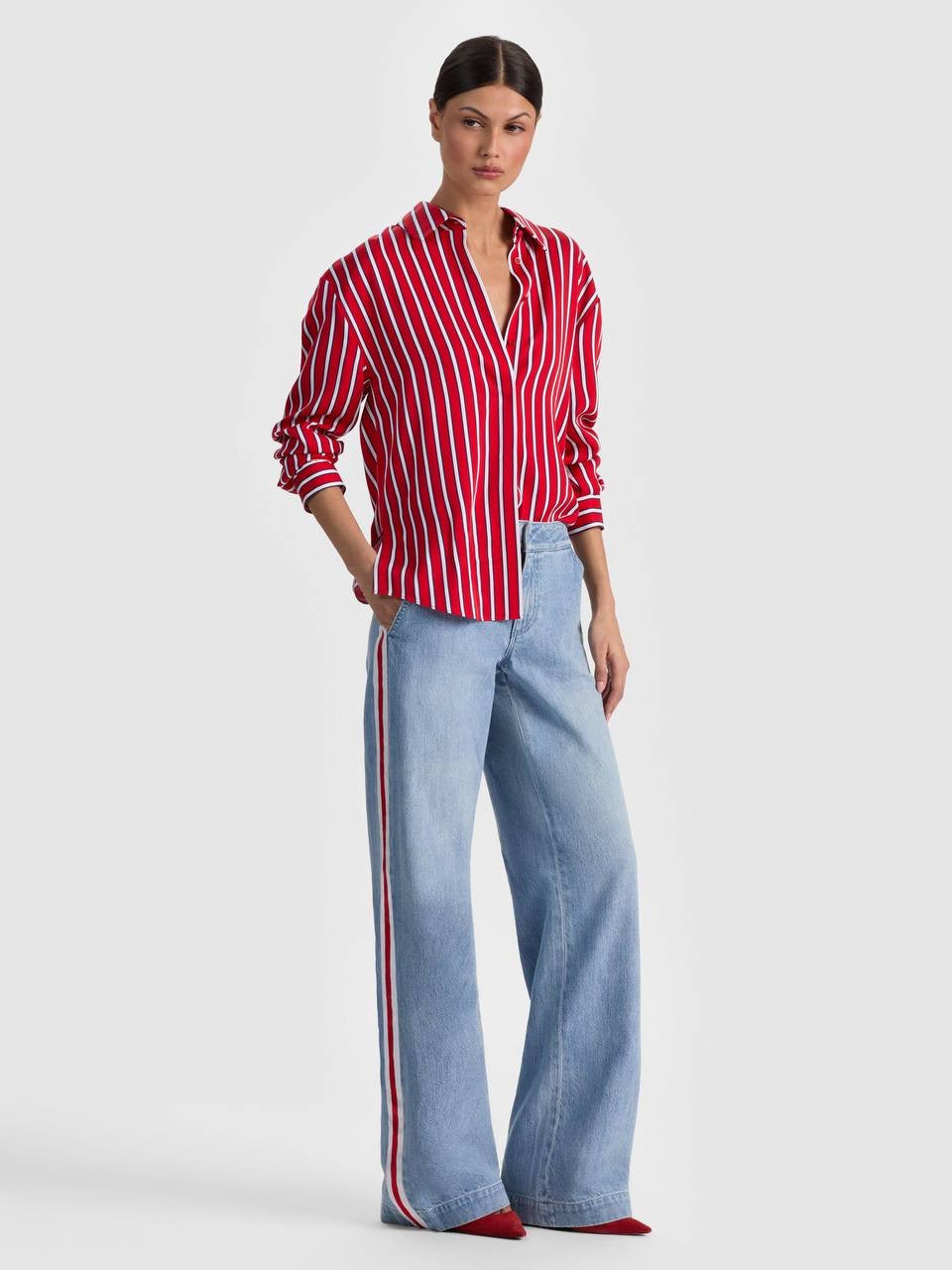 Red/White/Black Stripe Dimitra Oversized Button Down Lyocell Shirt