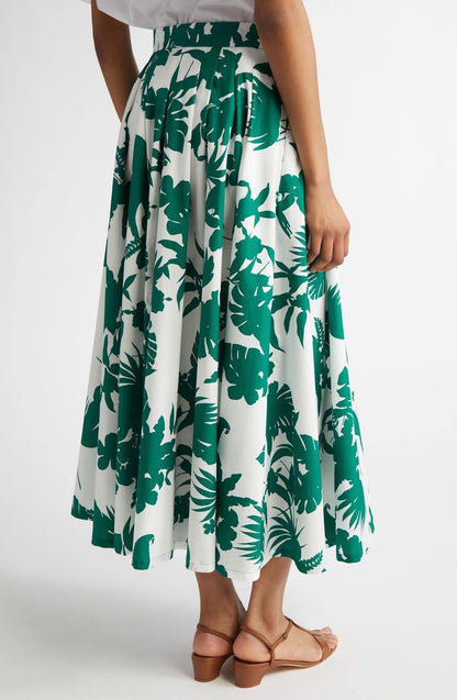 MM Idoneo Tropical Print Pleated Cotton Midi Skirt
