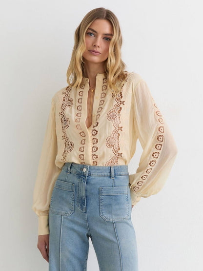 RS Mia Cutwork-Embroidery Sheer-Sleeve Blouse Top