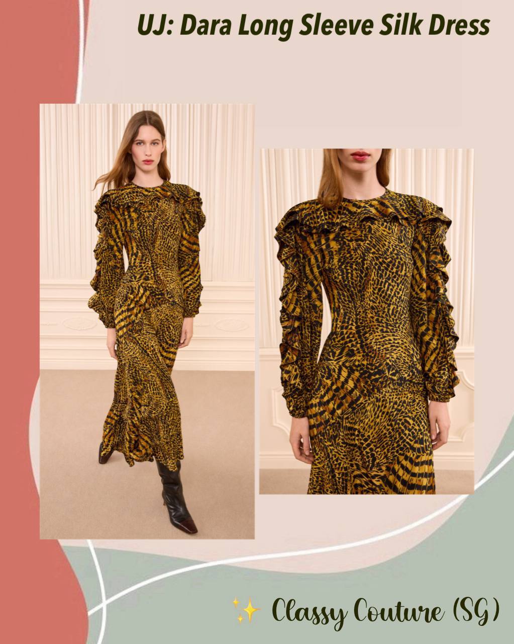 UJ Dara Long Sleeve Silk Dress Gold Tiger Print - Image 1