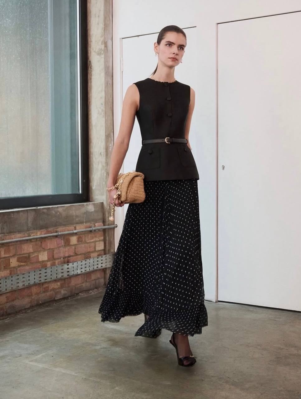 SP Black Taffeta Polka Dot Midi Dress