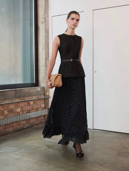 SP Black Taffeta Polka Dot Midi Dress