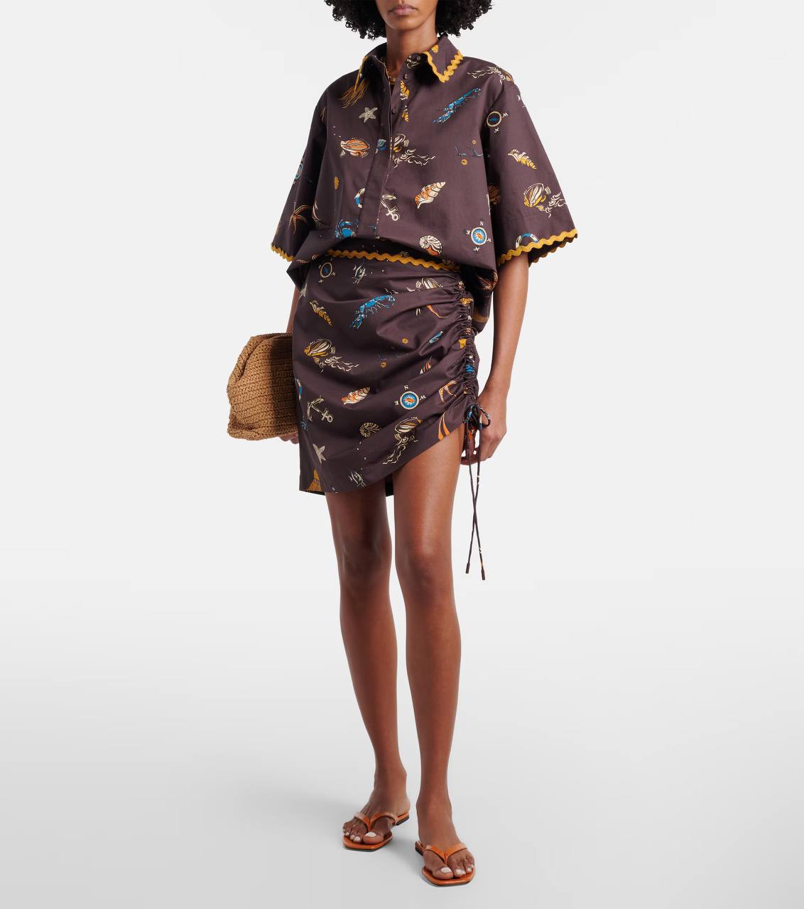 ALM Printed Ruched Cotton Shirt | Mini Skirt